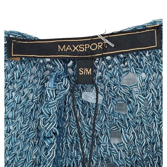 Max Sport Dark Ink Combo Fringed Poncho Sweater V-Neck S/M Blue MX13506-1 NWT - Picture 5 of 11